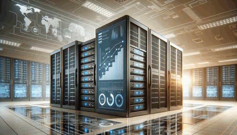 Modernos servidores y pantallas digitales con gráficos de crecimiento, en un entorno corporativo tecnológico.