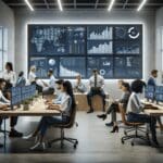 Equipo multicultural de jóvenes profesionales analizando datos en una oficina moderna y luminosa, con pantallas que muestran gráficos y estadísticas.