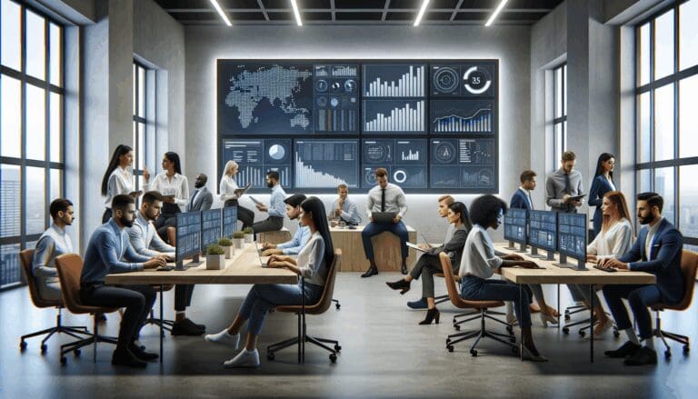 Equipo multicultural de jóvenes profesionales analizando datos en una oficina moderna y luminosa, con pantallas que muestran gráficos y estadísticas.