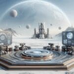 Plataforma tecnológica futurista en un paisaje nevado con maquinaria industrial y un horizonte espacial.