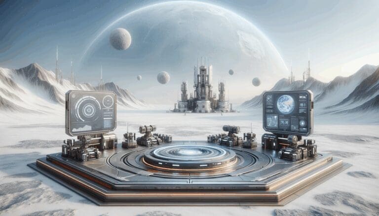 Plataforma tecnológica futurista en un paisaje nevado con maquinaria industrial y un horizonte espacial.
