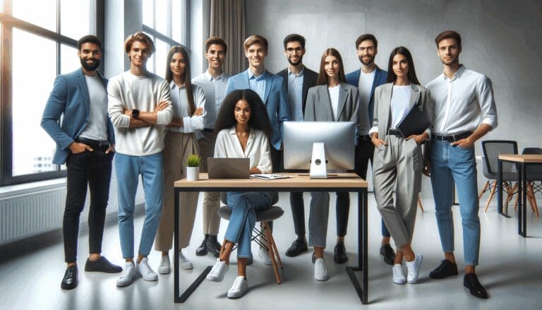 Jóvenes emprendedores reunidos en un moderno espacio de coworking