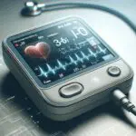 Primer plano de un dispositivo médico moderno con gráficos de latidos cardíacos y un fondo tecnológico sutil.