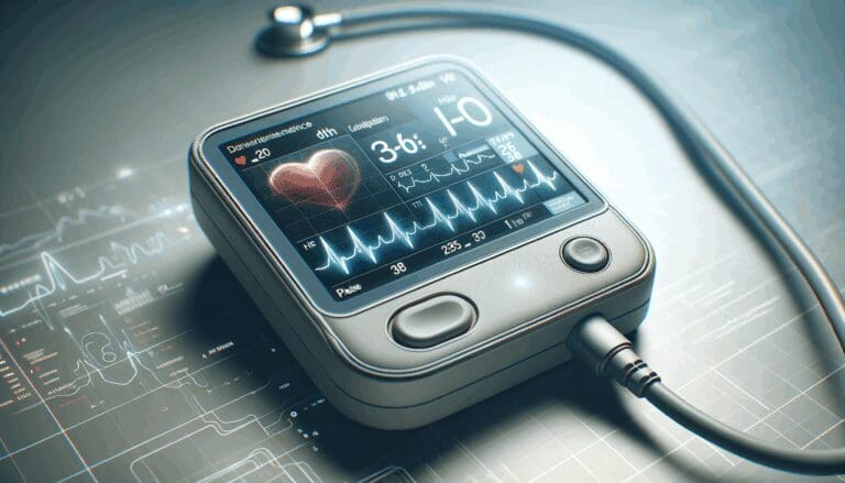 Primer plano de un dispositivo médico moderno con gráficos de latidos cardíacos y un fondo tecnológico sutil.
