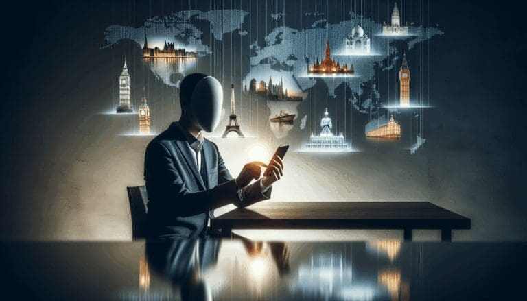 Persona usando un smartphone con hologramas de lugares turísticos sobre una mesa.