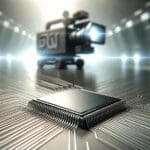 Primer plano estilizado de un microchip sobre una superficie futurista metálica y difusa.