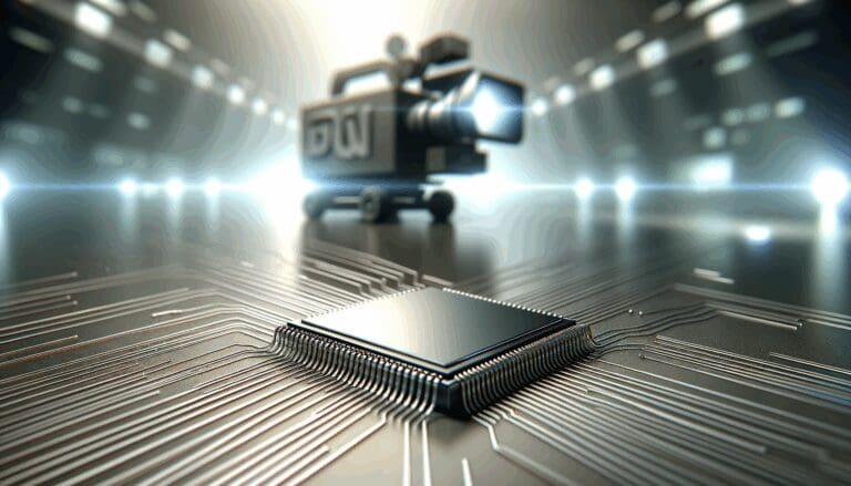 Primer plano estilizado de un microchip sobre una superficie futurista metálica y difusa.