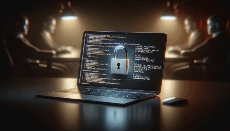 Primer plano de una computadora portátil con pantalla de código y un candado físico, ambiente oscuro y profesional.