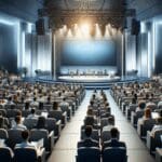 Auditorio moderno iluminado con asistentes jóvenes y escenario tecnológico.