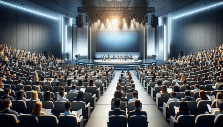 Auditorio moderno iluminado con asistentes jóvenes y escenario tecnológico.