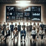 Equipo multicultural de emprendedores reunidos en un espacio de trabajo moderno, rodeados de pantallas con datos médicos y gráficos de inteligencia artificial.