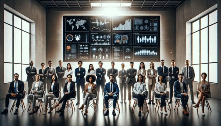 Equipo multicultural de emprendedores reunidos en un espacio de trabajo moderno, rodeados de pantallas con datos médicos y gráficos de inteligencia artificial.