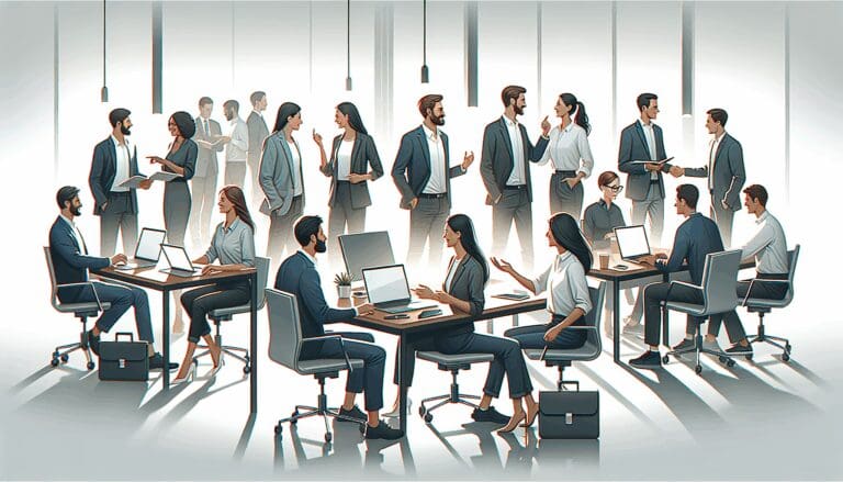 Ilustración minimalista de emprendedores colaborando en un espacio de coworking tecnológico.