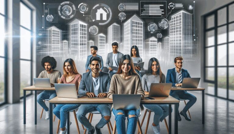Grupo diverso de jóvenes latinoamericanos usando laptops en un coworking moderno, con gráficos digitales representando inversiones inmobiliarias en el fondo.