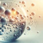 Primer plano conceptual de nanoburbujas en agua sobre fondo claro, con destellos tecnológicos.