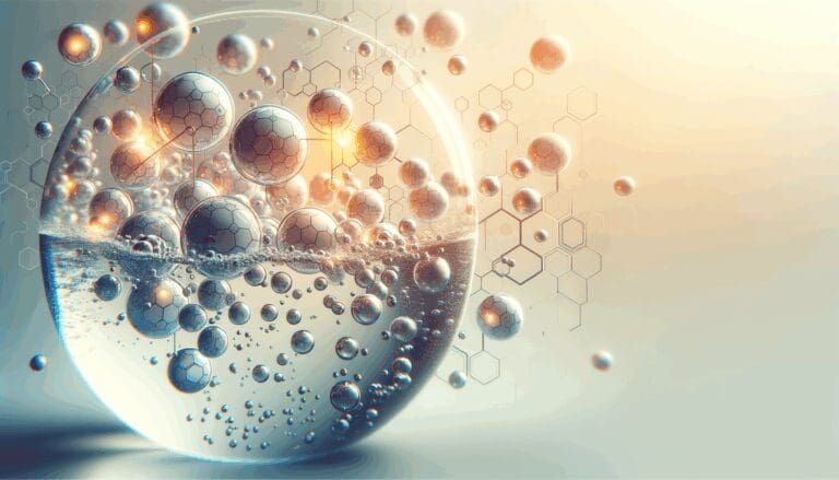 Primer plano conceptual de nanoburbujas en agua sobre fondo claro, con destellos tecnológicos.