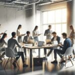 Equipo de startups colaborando en una sala de reuniones moderna y luminosa, con laptops y notas en una mesa.