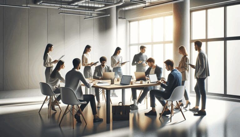 Equipo de startups colaborando en una sala de reuniones moderna y luminosa, con laptops y notas en una mesa.