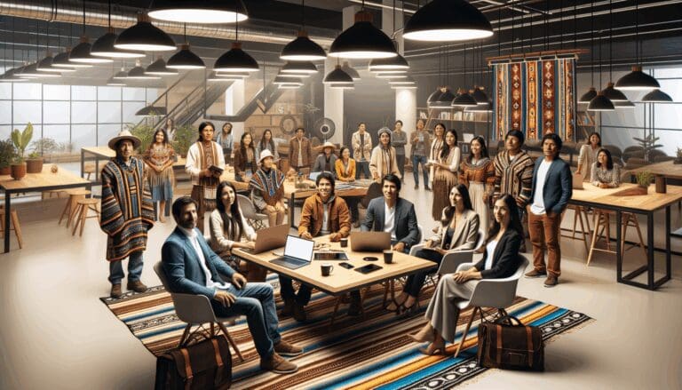 Emprendedores indígenas reunidos en un espacio de coworking moderno, rodeados de tecnología y textiles tradicionales.