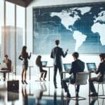 Oficina moderna con personas colaborando frente a laptops y un mapa de América Latina en pantalla de fondo.