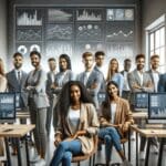 Equipo de jóvenes profesionales trabajando frente a pantallas con gráficos de datos en una oficina moderna y luminosa.