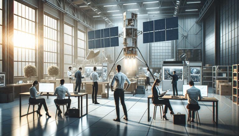 Laboratorio espaciale moderno con emprendedores trabajando en prototipos de satélites y tecnología aeroespacial.