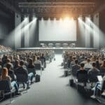 Asistentes a un evento tecnológico en un auditorio moderno