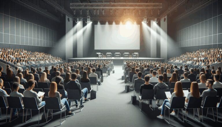 Asistentes a un evento tecnológico en un auditorio moderno