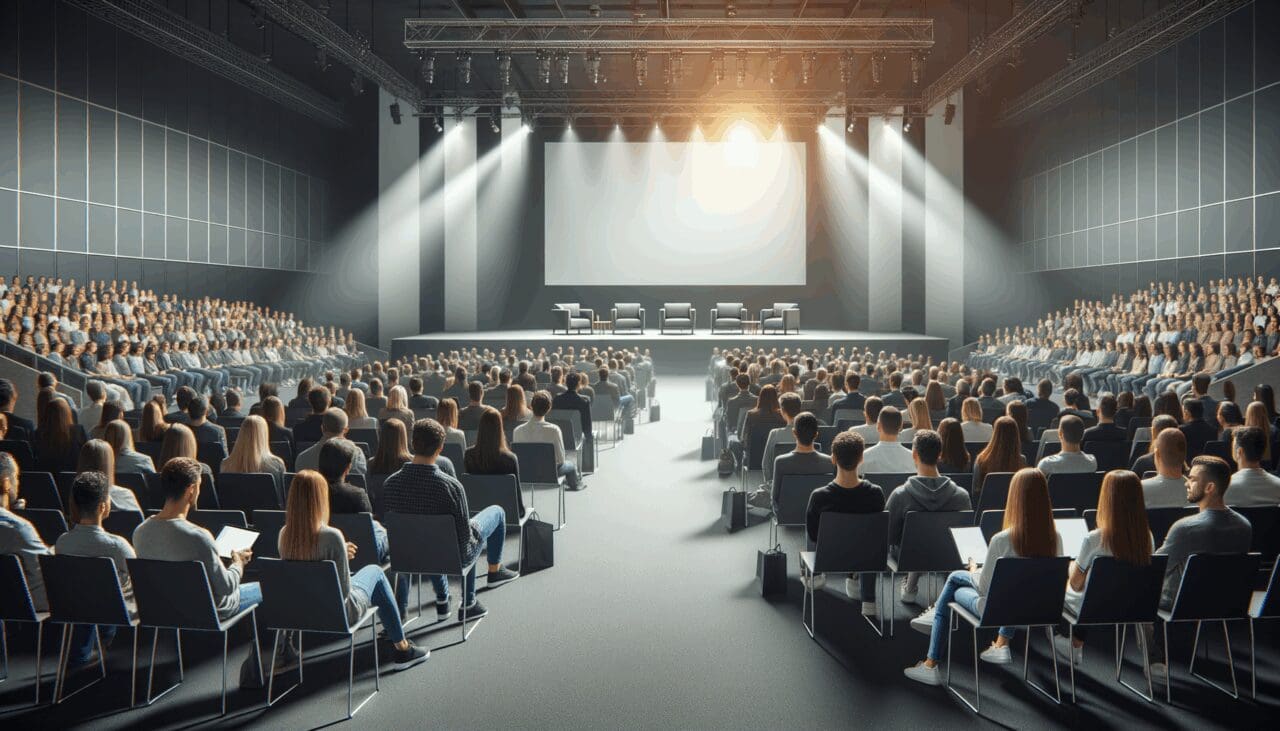 Asistentes a un evento tecnológico en un auditorio moderno