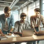 Tres jóvenes emprendedores trabajando en un espacio de coworking moderno rodeados de equipos tecnológicos y ventanas amplias.