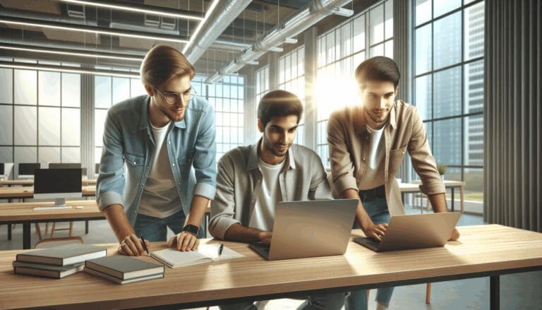 Tres jóvenes emprendedores trabajando en un espacio de coworking moderno rodeados de equipos tecnológicos y ventanas amplias.