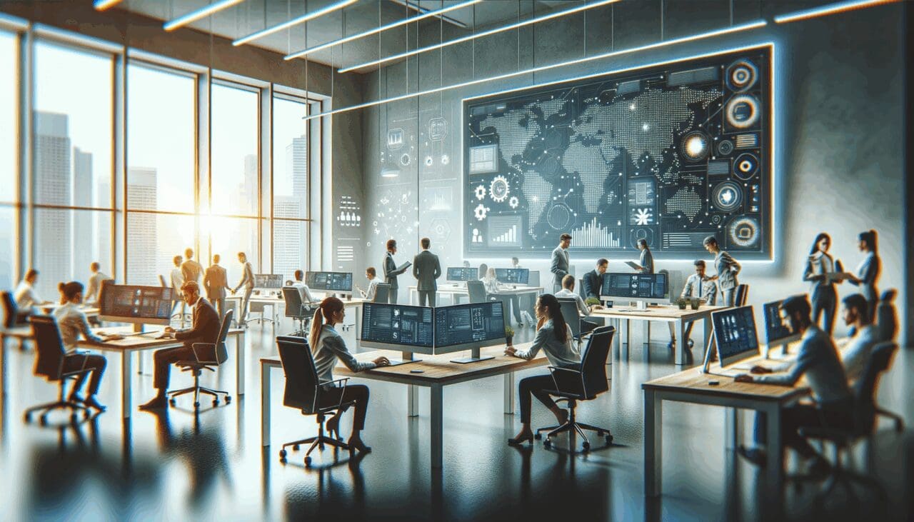 Oficina moderna tipo startup con personas trabajando, pantallas y ambiente tecnológico luminoso.