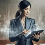 Persona utilizando una tablet en un entorno moderno, con notas musicales y gráficos digitales en el fondo.