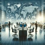 Oficinas modernas con tecnología avanzada en primer plano y un mapa de América Latina de fondo.