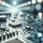Primer plano de placas de circuitos y chips en un laboratorio de alta tecnología, fondo desenfocado y colores fríos.