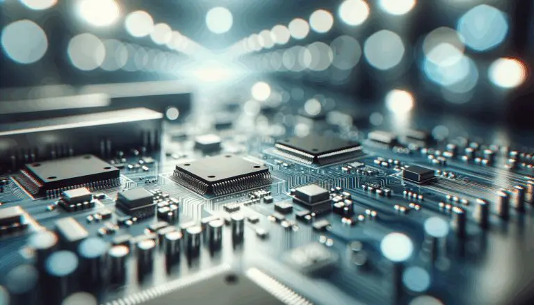 Primer plano de placas de circuitos y chips en un laboratorio de alta tecnología, fondo desenfocado y colores fríos.