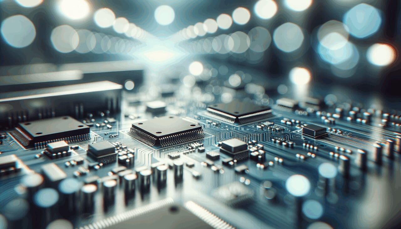Primer plano de placas de circuitos y chips en un laboratorio de alta tecnología, fondo desenfocado y colores fríos.