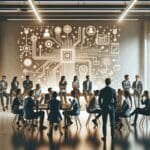 Reunión de emprendedores en un espacio colaborativo tecnológico.