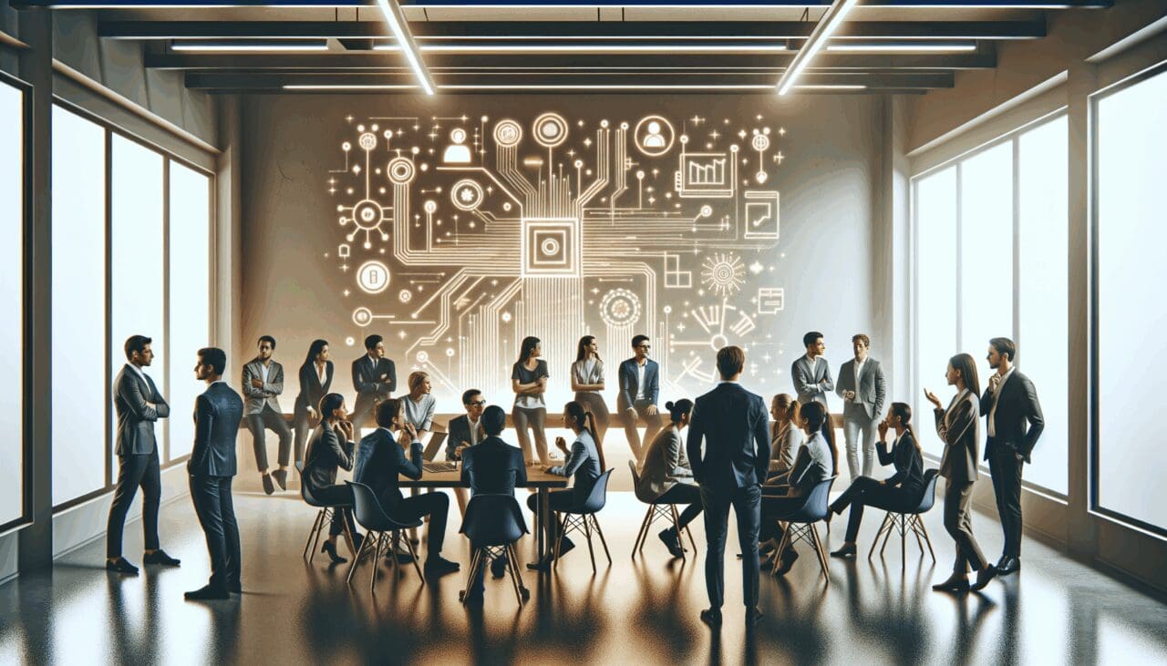 Reunión de emprendedores en un espacio colaborativo tecnológico.