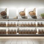 Paquetes de productos de granola en estanterías de supermercado moderno