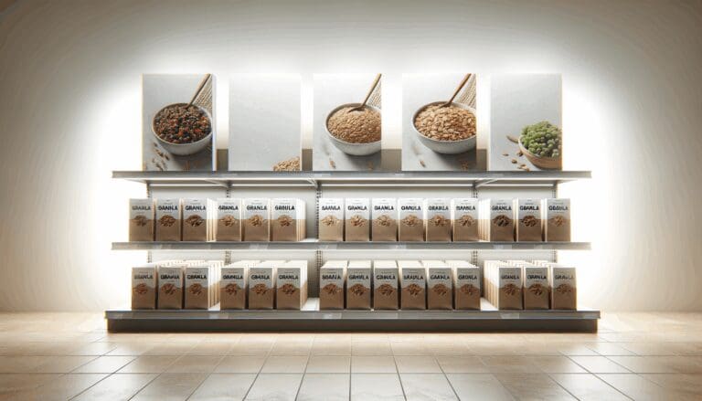 Paquetes de productos de granola en estanterías de supermercado moderno