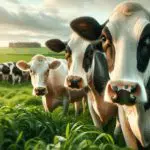 Primer plano de un grupo de vacas lecheras en un campo verde con fondo difuminado y luz natural