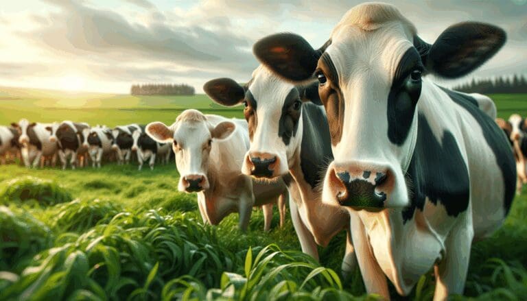 Primer plano de un grupo de vacas lecheras en un campo verde con fondo difuminado y luz natural