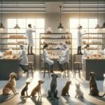 Laboratorio moderno con científicos trabajando en alimentos innovadores y mascotas observando curiosamente.