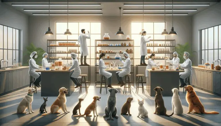 Laboratorio moderno con científicos trabajando en alimentos innovadores y mascotas observando curiosamente.