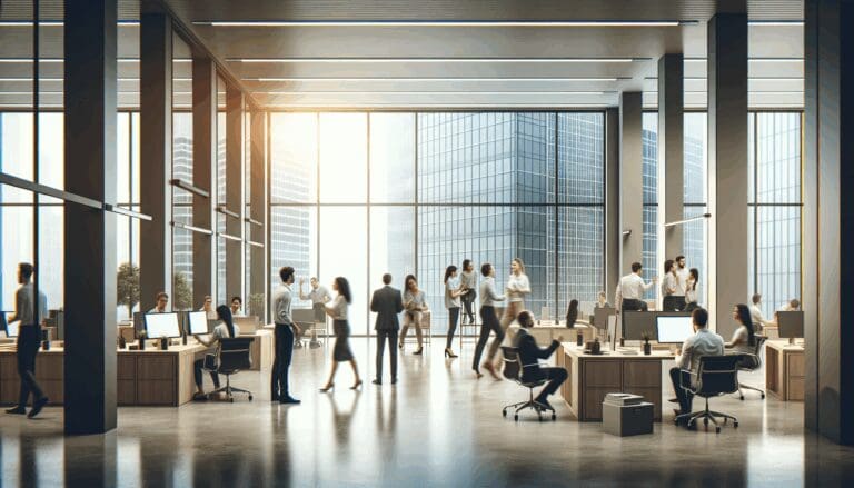 Oficinas modernas de una startup tecnológica con empleados trabajando en equipo.