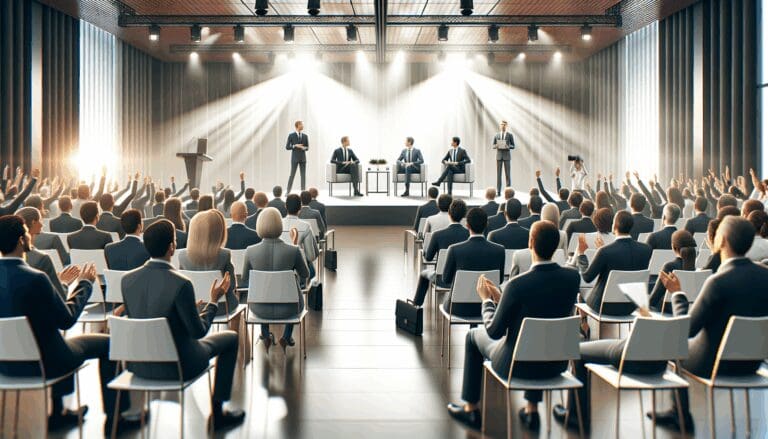 Conferencia empresarial en un escenario moderno con público atento.