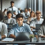 Emprendedores jóvenes usando laptops en un espacio de coworking moderno con gráficos digitales en pantalla.