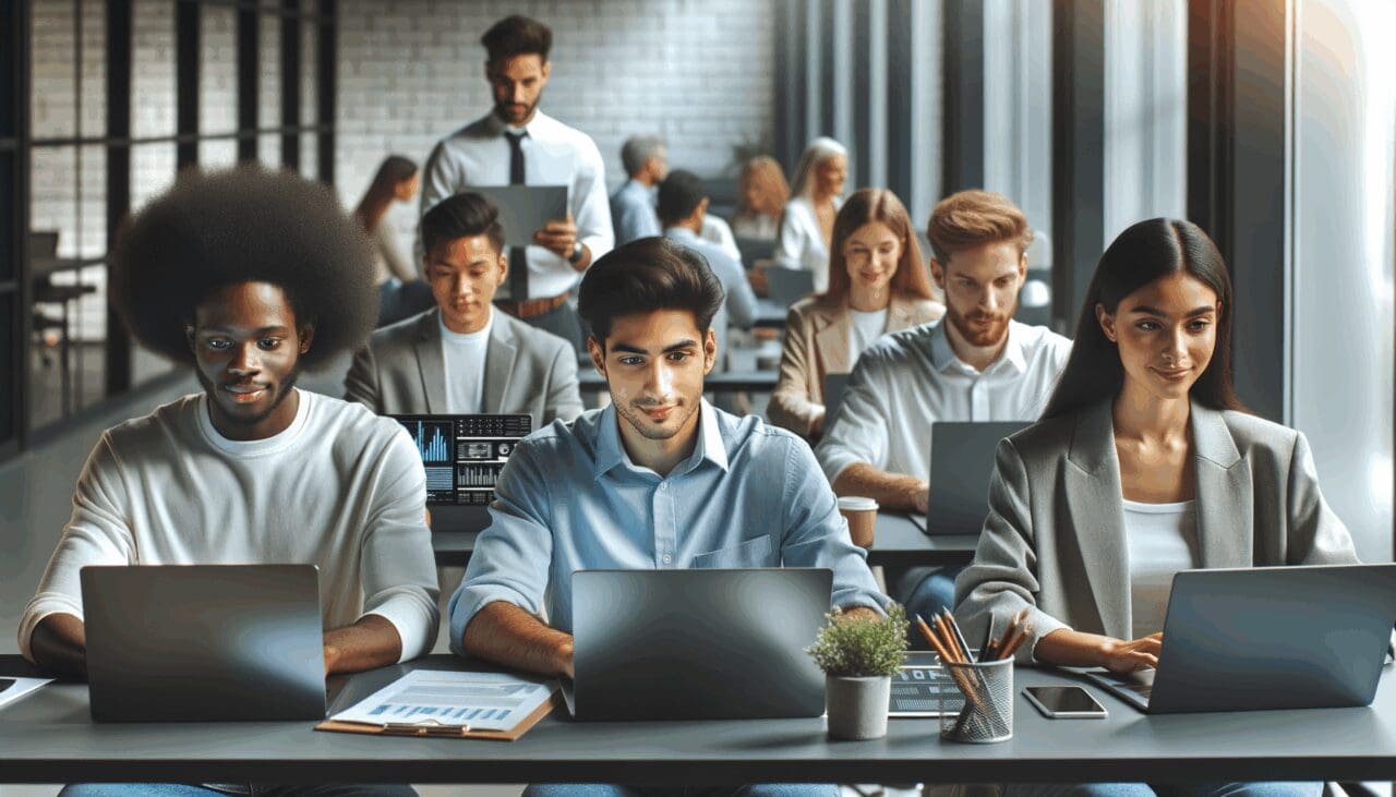 Emprendedores jóvenes usando laptops en un espacio de coworking moderno con gráficos digitales en pantalla.