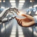 Primer plano de una mano robótica y una humana tocándose, fondo difuminado de laboratorio moderno